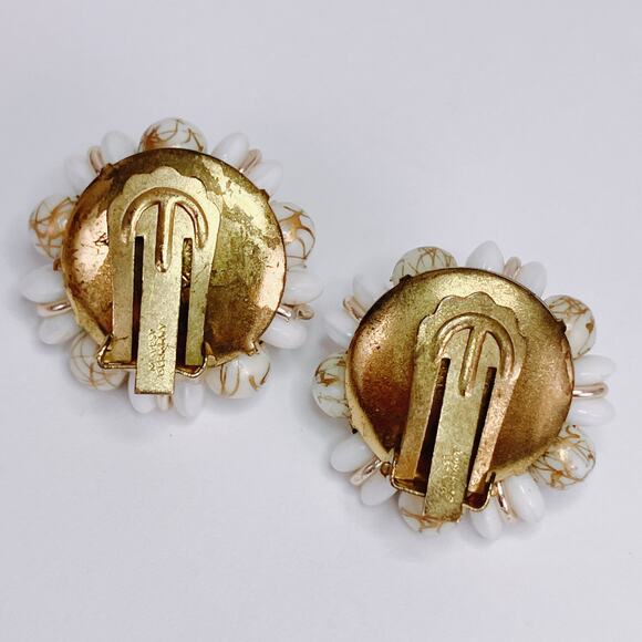 Vintage Stamped West Germany White Gold Tone Glass Bead Cluster Clip Earrings - Picture 8 of 13